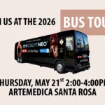 An infographic showing an image of a black EMSCULPT NEO tour bus, and the details of the EMSCULPT NEO 2026 Bus Tour at Artemedica Santa Rosa, on May 21st from 2-4 PM.