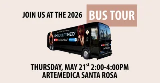 An infographic showing an image of a black EMSCULPT NEO tour bus, and the details of the EMSCULPT NEO 2026 Bus Tour at Artemedica Santa Rosa, on May 21st from 2-4 PM.