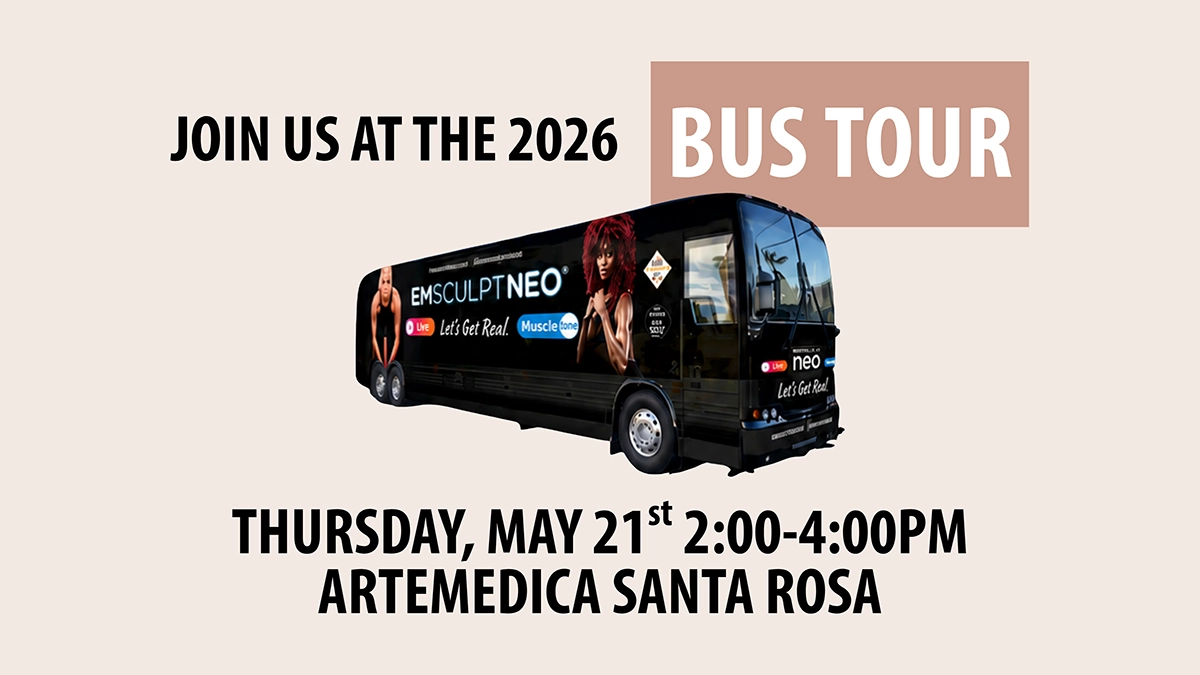 An infographic showing an image of a black EMSCULPT NEO tour bus, and the details of the EMSCULPT NEO 2026 Bus Tour at Artemedica Santa Rosa, on May 21st from 2-4 PM.