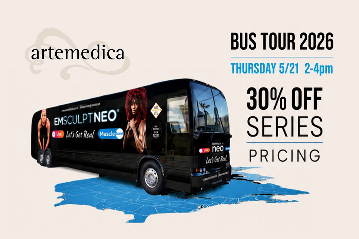 An infographic showing an image of a black EMSCULPT NEO tour bus, and the details of the EMSCULPT NEO 2026 Bus Tour at Artemedica Santa Rosa, on May 21st from 2-4 PM.