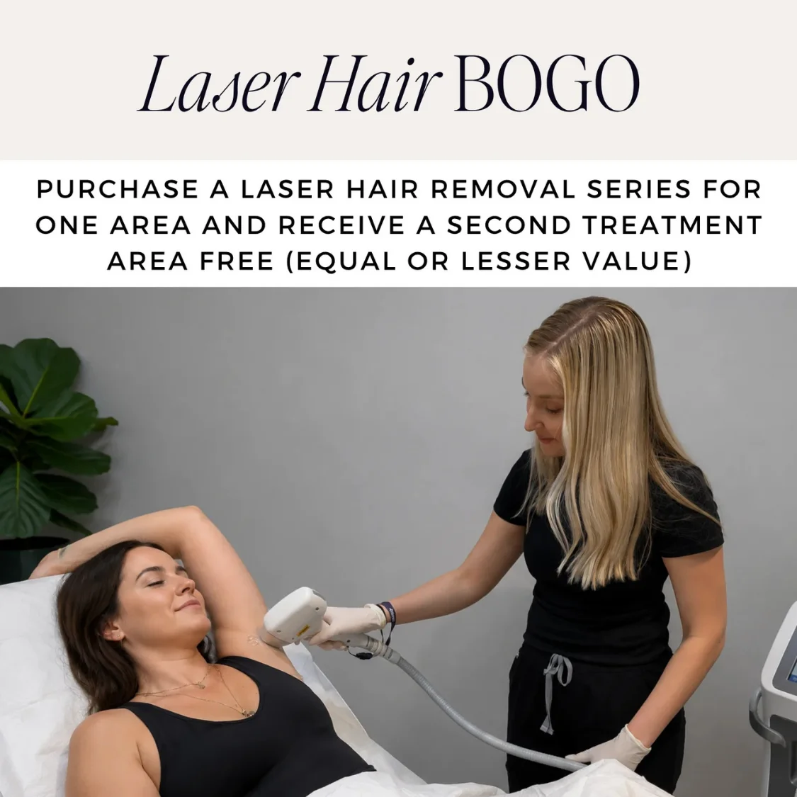 An infographic showing the Laser Hair BOGO special at Artemedica for June 2026
