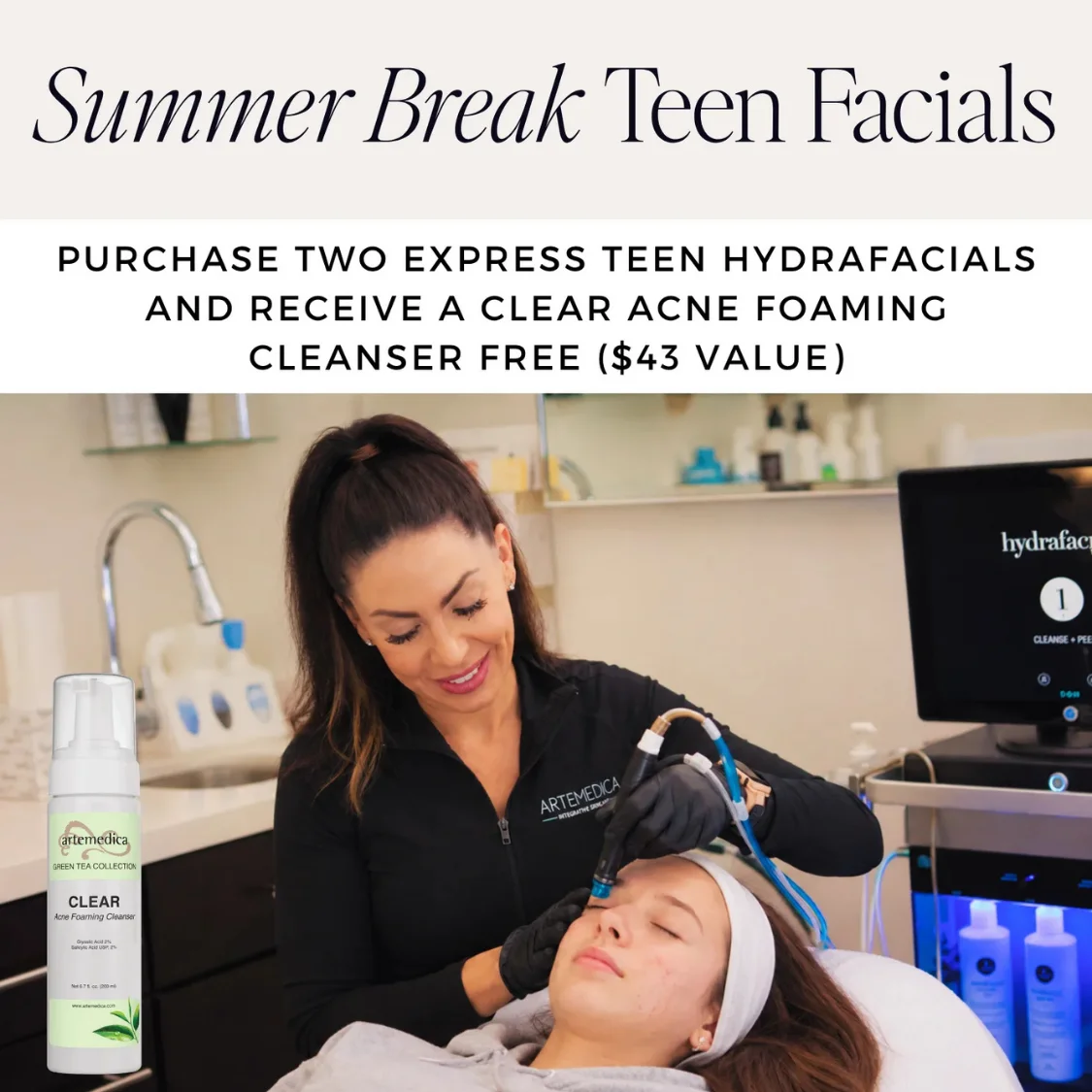 An infographic showing the Summer Break Teen Facials special at Artemedica for June 2026