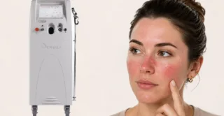 A graphic with a Vbeam laser machine next to a woman touching a finger to her rosacea, showing the concept of Vbeam laser treatments
