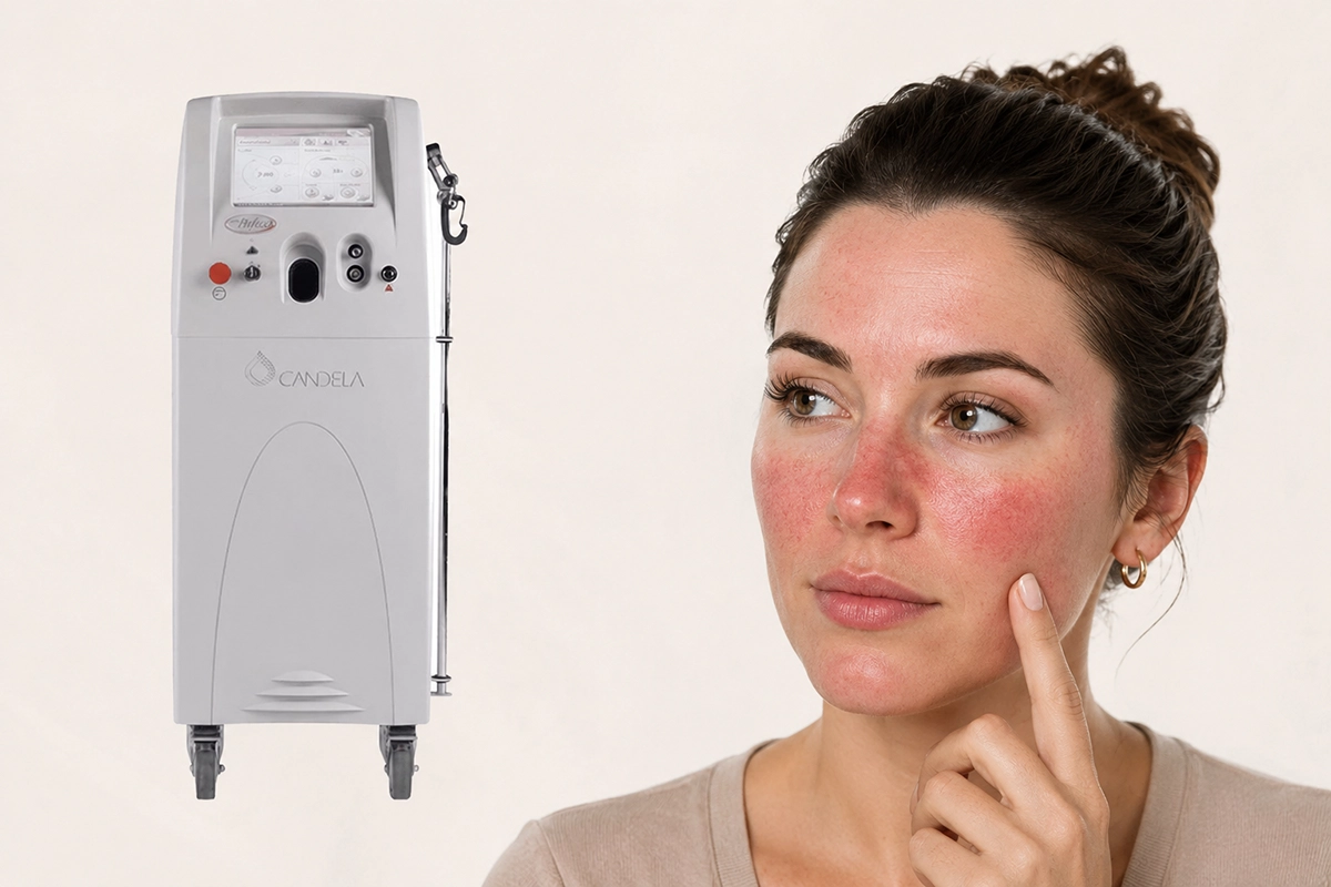 A graphic with a Vbeam laser machine next to a woman touching a finger to her rosacea, showing the concept of Vbeam laser treatments
