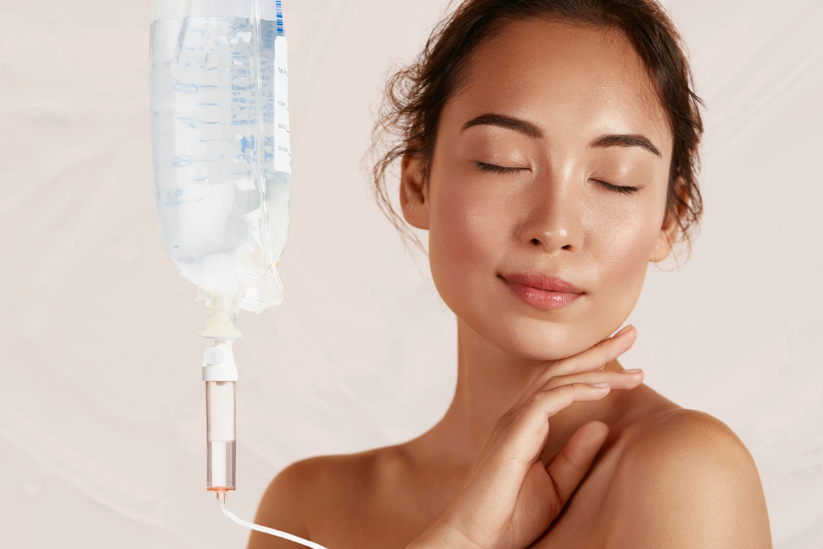A woman with clear skin closes her eyes, next to an IV therapy solution bag, against a blush pink background