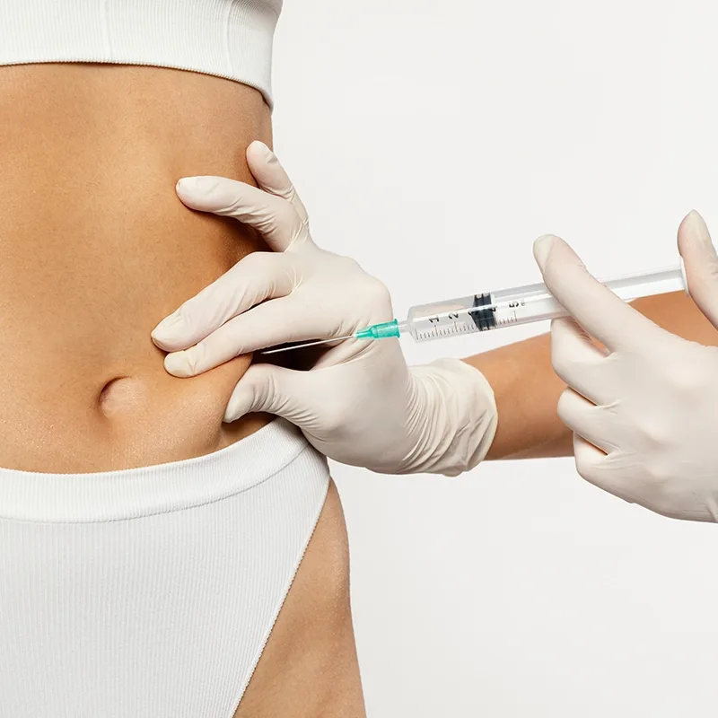 A person receiving skinny shot GLP-1 weight loss injections, against a white background