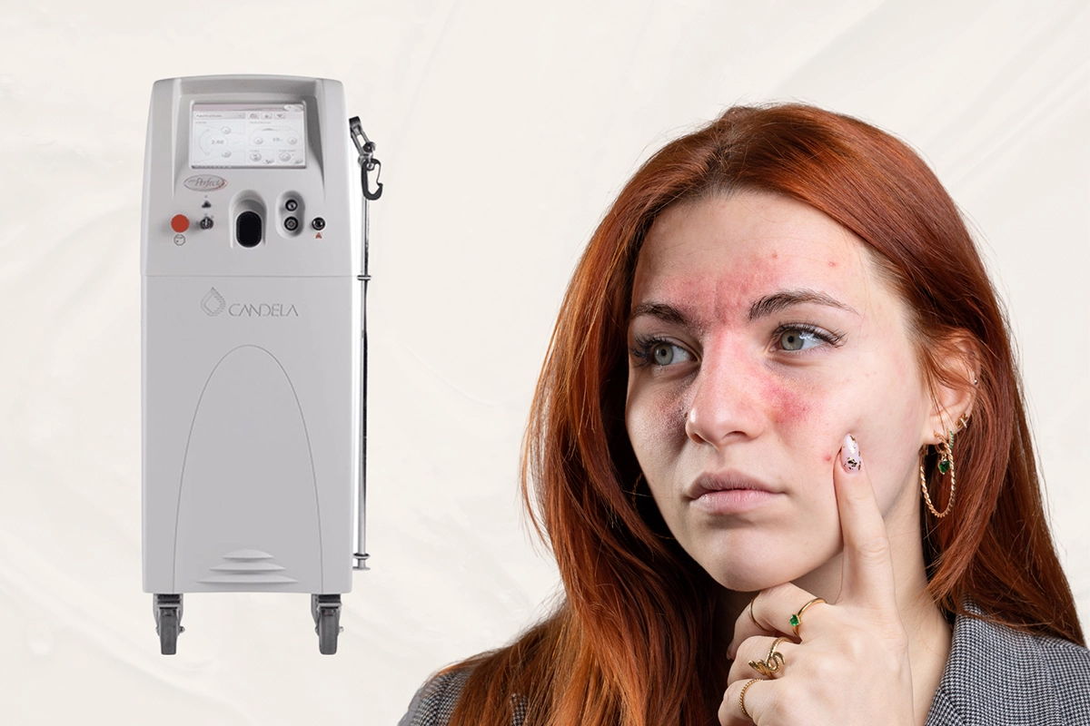 A graphic with a Vbeam laser machine next to a woman touching a finger to her rosacea, showing the concept of Vbeam laser treatments