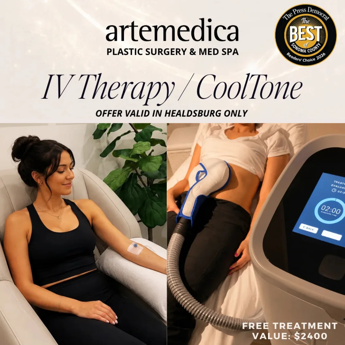 July 2026 special offers for IV Therapy and CoolTone treatments at Artemedica
