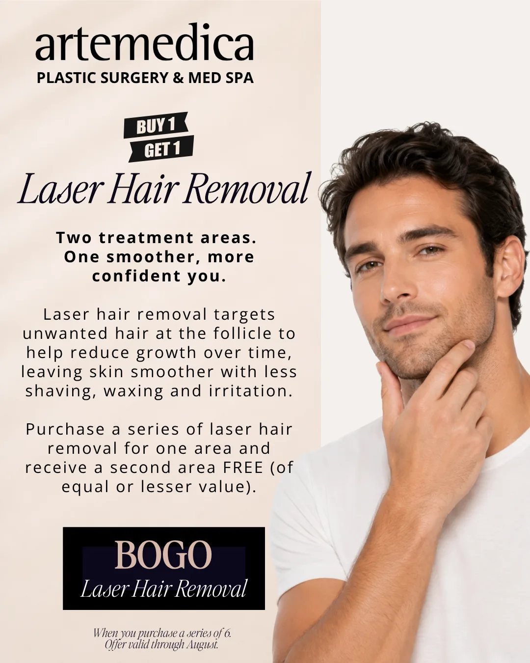 An infographic featuring a man with glowing skin, alongside text explaining this month's special offers at Artemedica Plastic Surgery & Med Spa: Buy one series of laser hair removal, get a second treatment area FREE.