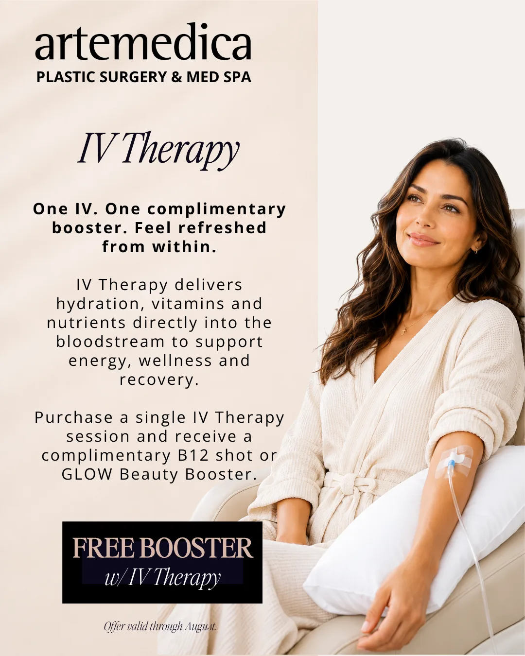 An infographic featuring a woman with glowing skin receiving IV therapy treatment, alongside text explaining this month's special offers at Artemedica Plastic Surgery & Med Spa: Purchase a single IV therapy session during August 2026 and receive a complimentary B12 shot or GLOW Beauty Booster.