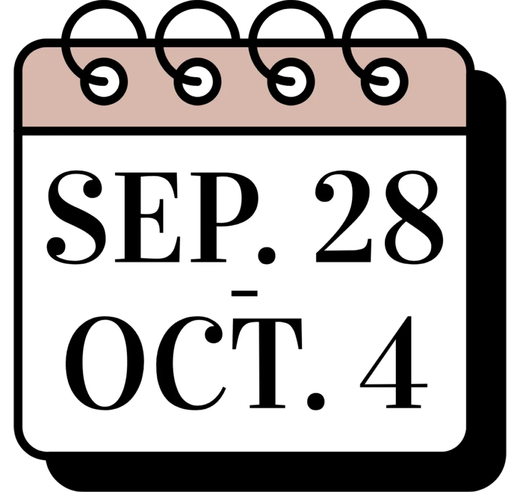 A pink and white calendar displaying the dates September 28 - October 4 for Artemedica's open house shopping week
