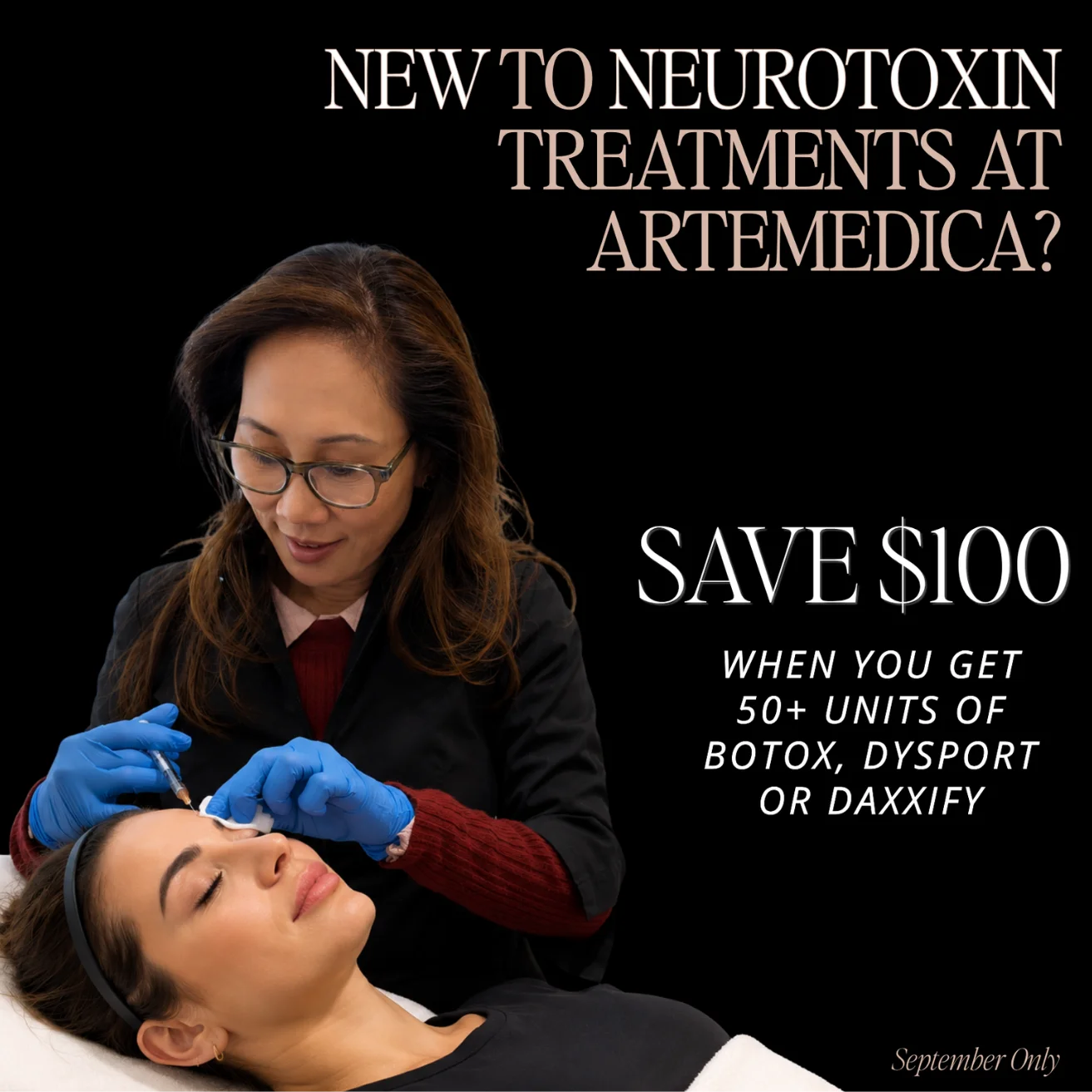 An infographic showing special offers for neurotoxin injections like Botox, Dysport, and Daxxify at Artemedica, September 2026