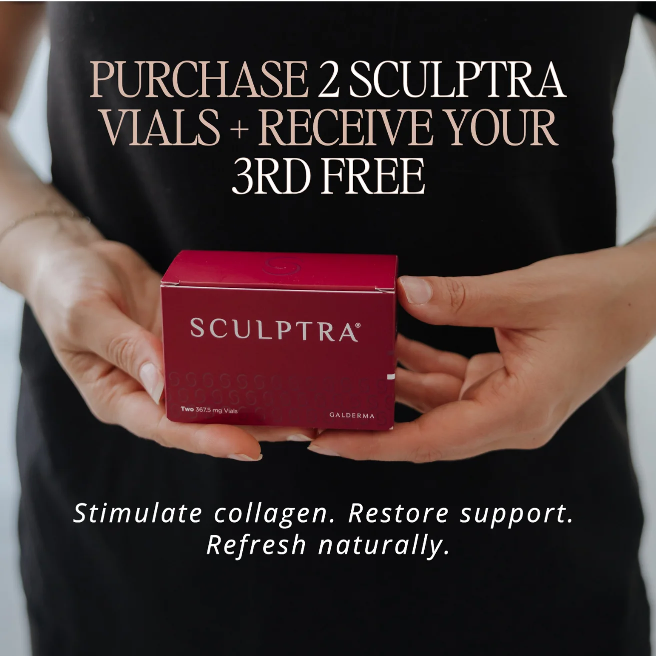 An infographic with a photograph of someone holding a red box of Sculptra vials, with the text: "Purchase 2 Sculptra vials, receive your 3rd free."